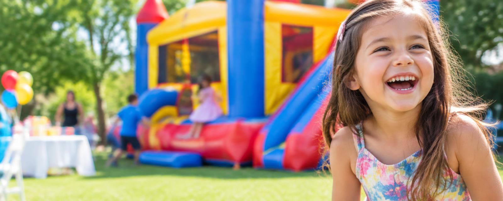 Menina sorrindo em festa com pula-pula